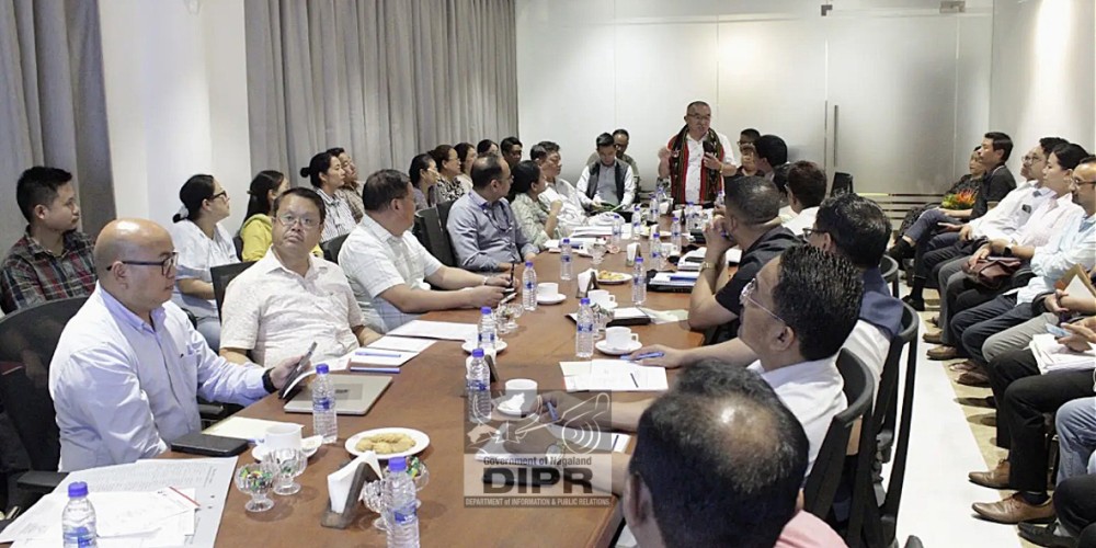 Advisor, NSDMA, Z Nyusiethio Nyuthe, addresses a briefing session with the Inter-Ministerial Central Team (IMCT) at Noune Resort, Chümoukedima, on August 11. (DIPR Photo)